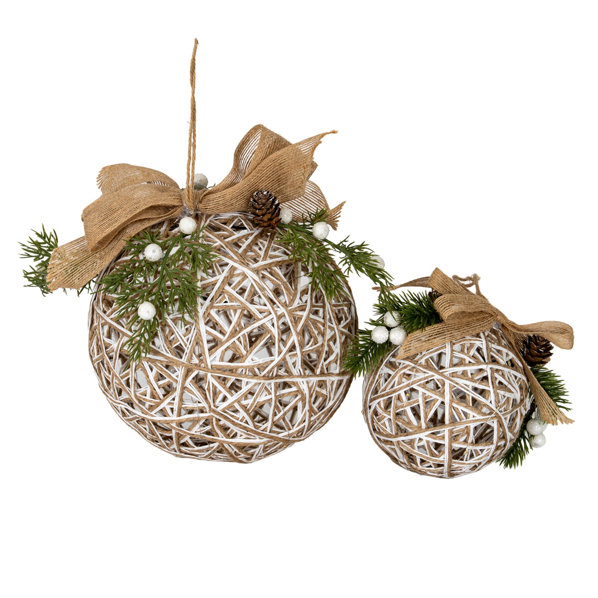 Large LED White Rattan Bauble With Branches And Ribbon